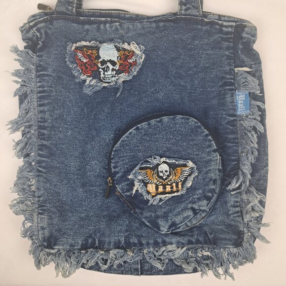 YAALI Denim Distressed Frayed Shoulder Tote Bag - Picture 1 of 16